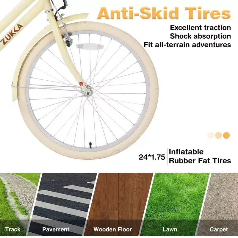 NAYSAYE Bicicletta Cruiser da 24 pollici per ragazze, bici ibrida da città con velocità, per ragazzi di 7-10+ anni, con cestino in vimini e portapacchi posteriore, bicicletta da bambino