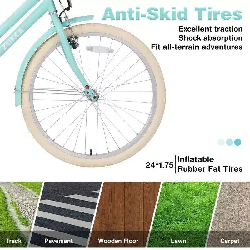 NAYSAYE Bicicletta Cruiser da 24 pollici per ragazze, bici ibrida da città con velocità, per ragazzi di 7-10+ anni, con cestino in vimini e portapacchi posteriore, bicicletta da bambino