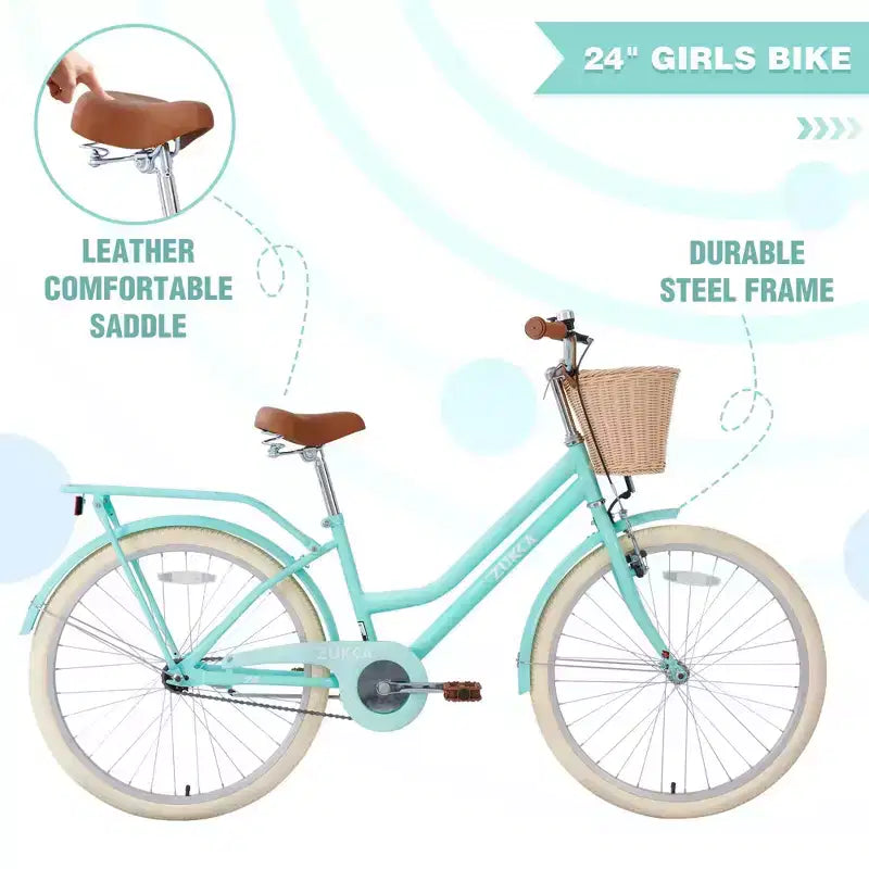 NAYSAYE Bicicletta Cruiser da 24 pollici per ragazze, bici ibrida da città con velocità, per ragazzi di 7-10+ anni, con cestino in vimini e portapacchi posteriore, bicicletta da bambino