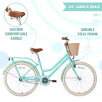 NAYSAYE Bicicletta Cruiser da 24 pollici per ragazze, bici ibrida da città con velocità, per ragazzi di 7-10+ anni, con cestino in vimini e portapacchi posteriore, bicicletta da bambino