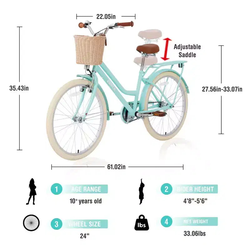 NAYSAYE Bicicletta Cruiser da 24 pollici per ragazze, bici ibrida da città con velocità, per ragazzi di 7-10+ anni, con cestino in vimini e portapacchi posteriore, bicicletta da bambino