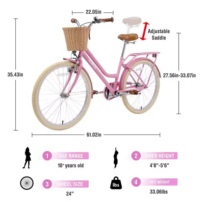 NAYSAYE Bicicletta Cruiser da 24 pollici per ragazze, bici ibrida da città con velocità, per ragazzi di 7-10+ anni, con cestino in vimini e portapacchi posteriore, bicicletta da bambino
