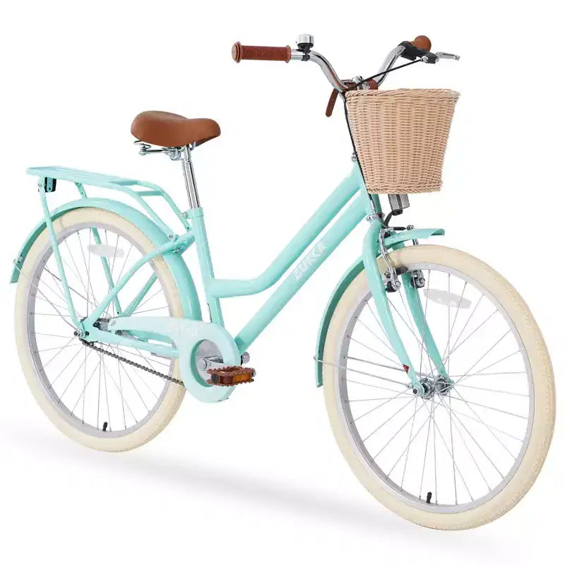 NAYSAYE Bicicletta Cruiser da 24 pollici per ragazze, bici ibrida da città con velocità, per ragazzi di 7-10+ anni, con cestino in vimini e portapacchi posteriore, bicicletta da bambino