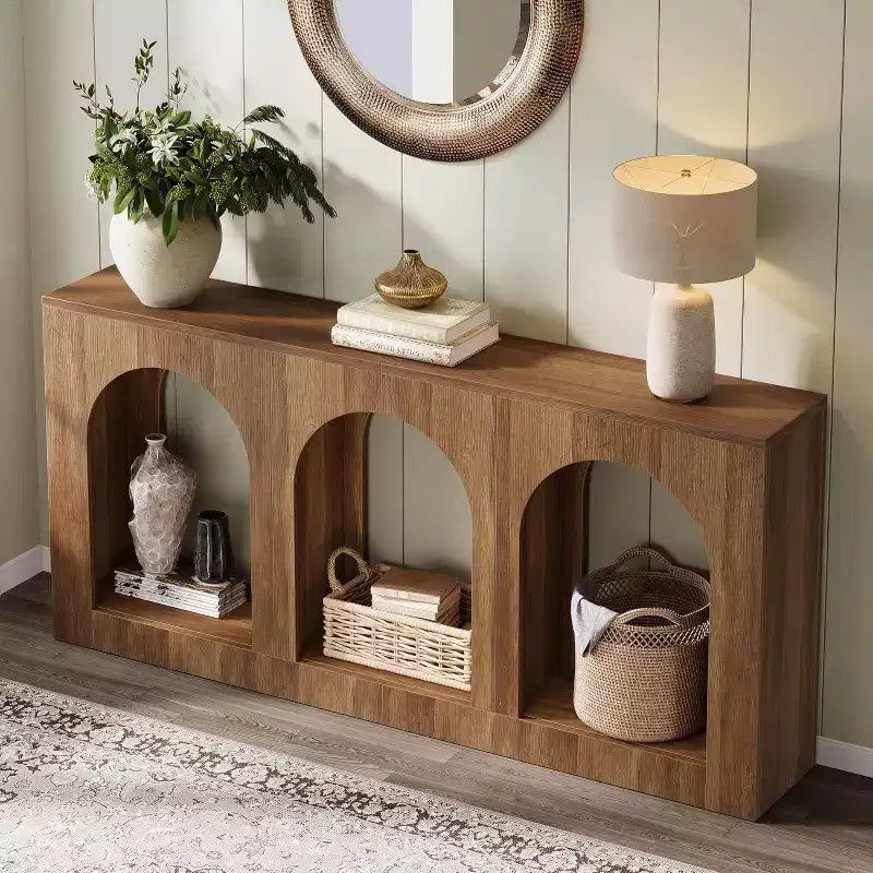 Lantine 70.9-Inch Console Table with Storage, Wood Entryway Table with Arched Shelves for Foyer, Hallway, Living Room, Narrow Long, Brown