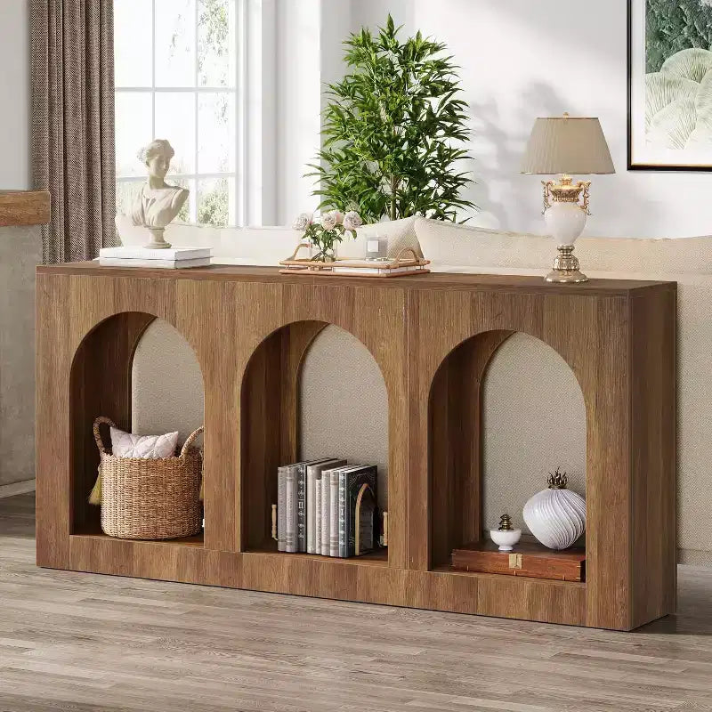 Lantine 70.9-Inch Console Table with Storage, Wood Entryway Table with Arched Shelves for Foyer, Hallway, Living Room, Narrow Long, Brown