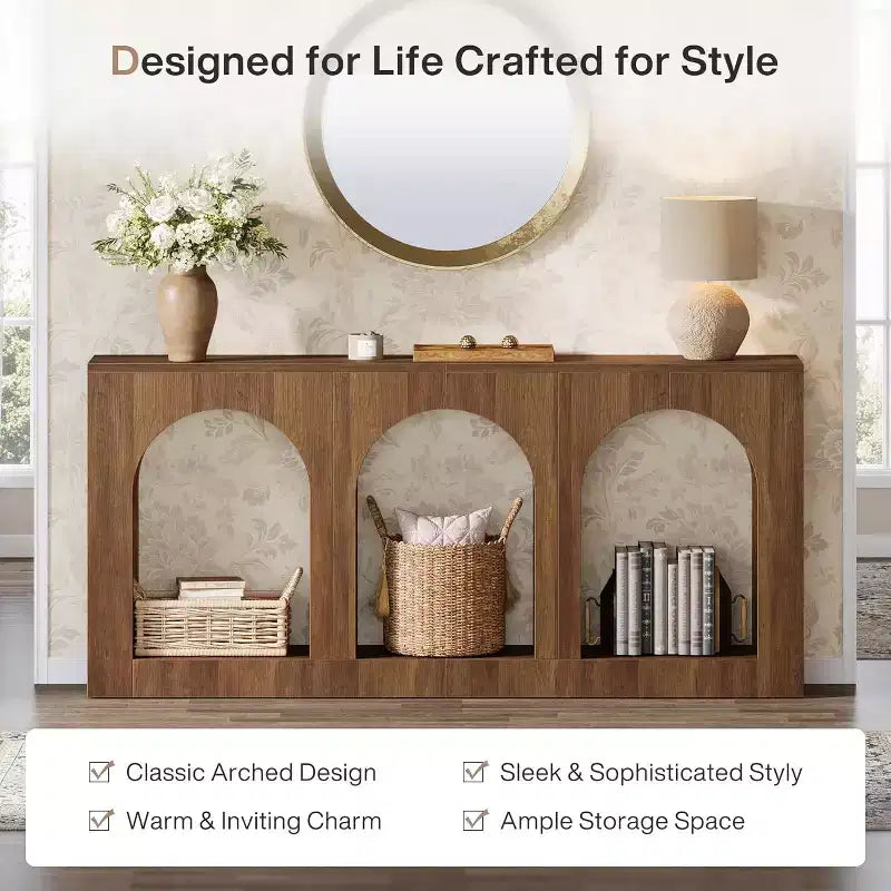 Lantine 70.9-Inch Console Table with Storage, Wood Entryway Table with Arched Shelves for Foyer, Hallway, Living Room, Narrow Long, Brown