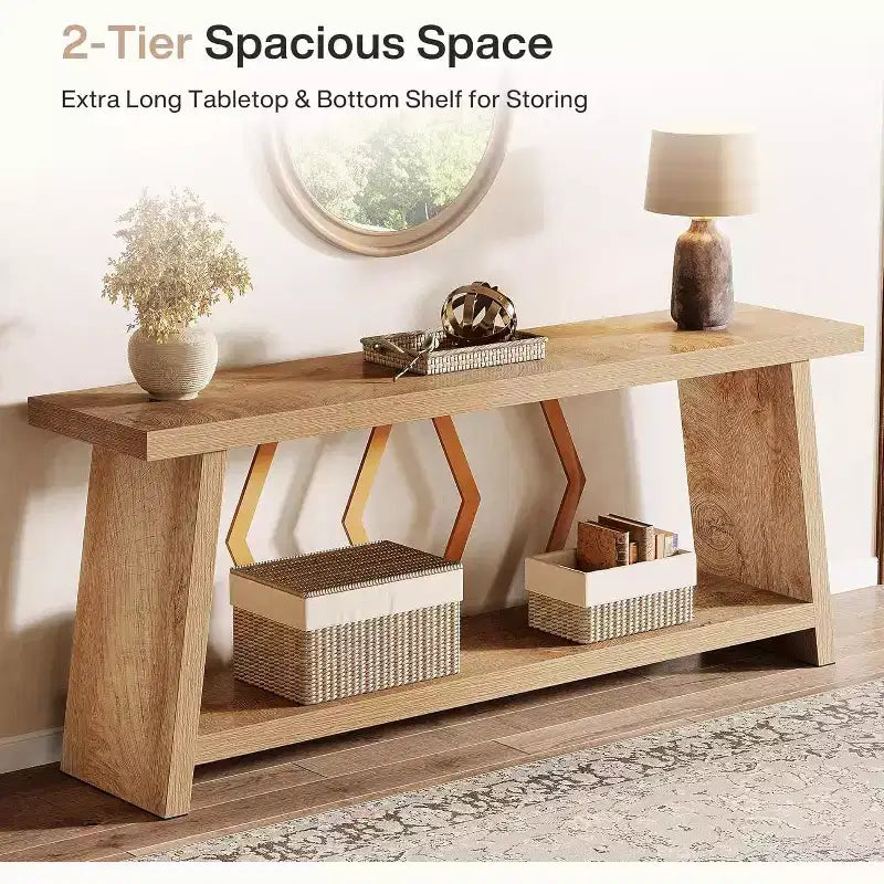 Lantine Tavolo Consolle Extra Lungo 180cm a 2 Ripiani, Rovere Chiaro, per Soggiorno, Dietro al Divano, Ingresso Corridoio, con Contenitore.