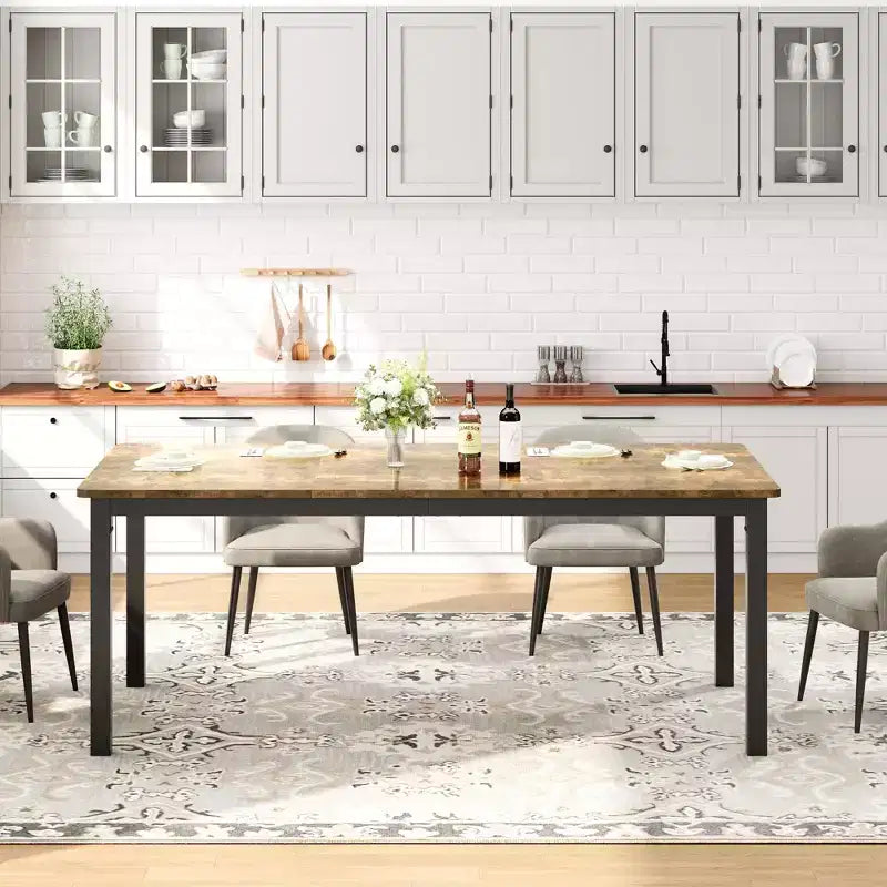 78.7in Industrial Dining Table for 8, Wooden Long Dinner Table with Mortise Tenon Design, Kitchen Table with Sturdy Metal Legs, for Dining Room Office