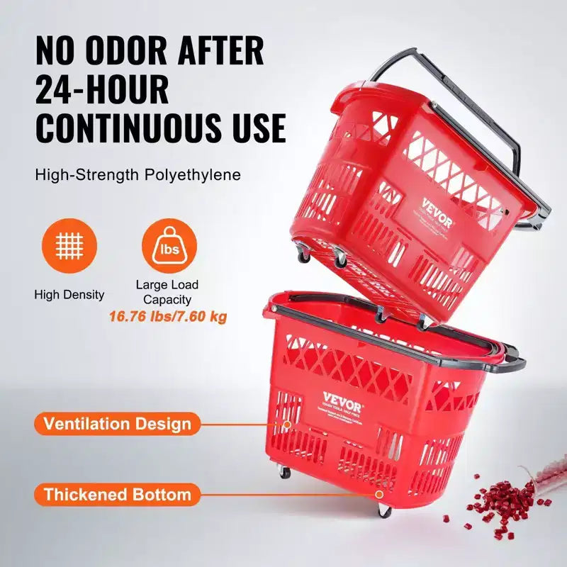 VIYET 6PCS 39L Plastic Rolling Storage Carts with Handles, Red - Ideal for Supermarkets, Retail Stores, Grocery Shopping