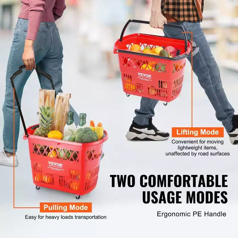 VIYET 6PCS 39L Plastic Rolling Storage Carts with Handles, Red - Ideal for Supermarkets, Retail Stores, Grocery Shopping
