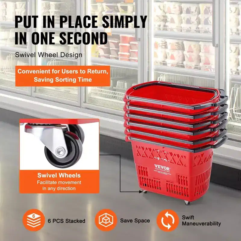 VIYET 6PCS 39L Plastic Rolling Storage Carts with Handles, Red - Ideal for Supermarkets, Retail Stores, Grocery Shopping