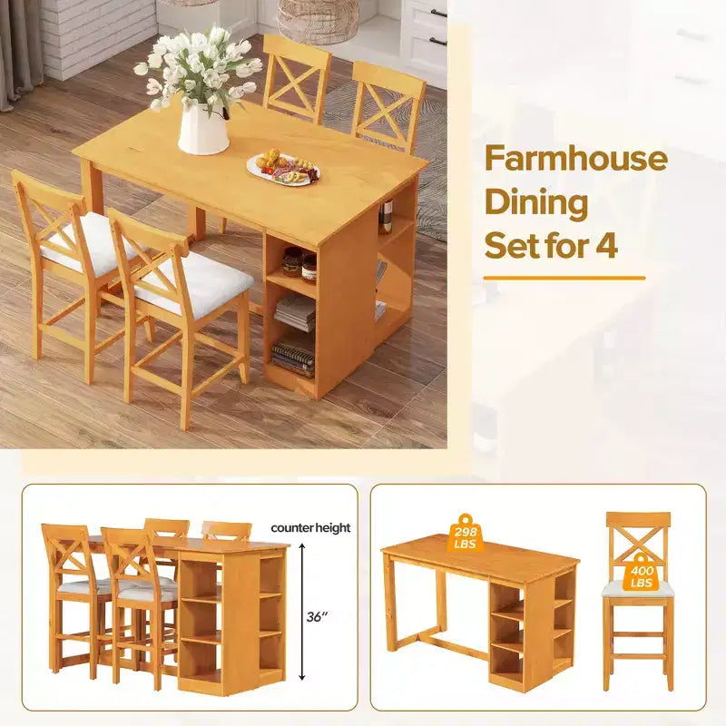 FurnitureR Solid Wood Dining Table Set for 4 with Storage Shelves, Rectangular Kitchen Table and 4 Chairs for Dining Room, Breakfast Nook Apartment