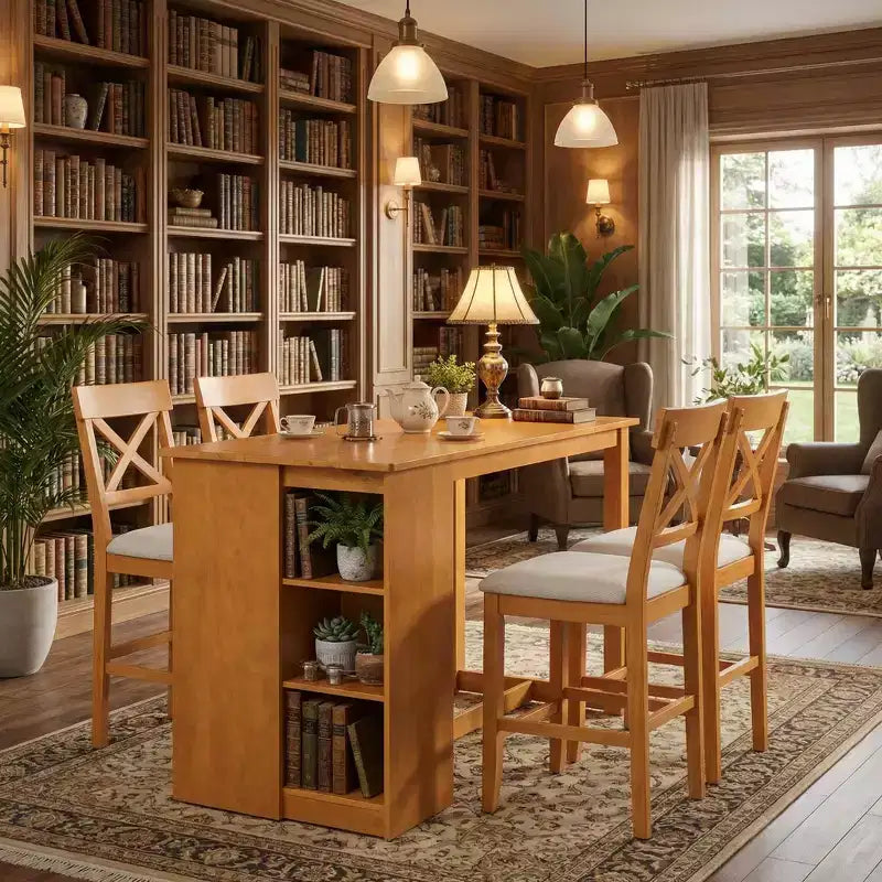 FurnitureR Solid Wood Dining Table Set for 4 with Storage Shelves, Rectangular Kitchen Table and 4 Chairs for Dining Room, Breakfast Nook Apartment