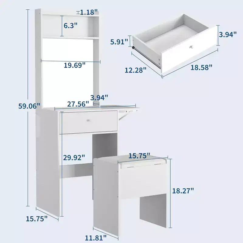 COZONY Toeletta Trucco con Specchio, Tavolo da Trucco con 59 Ripiani, Luci LED, Ciabatta Elettrica, Sgabello, Bianco