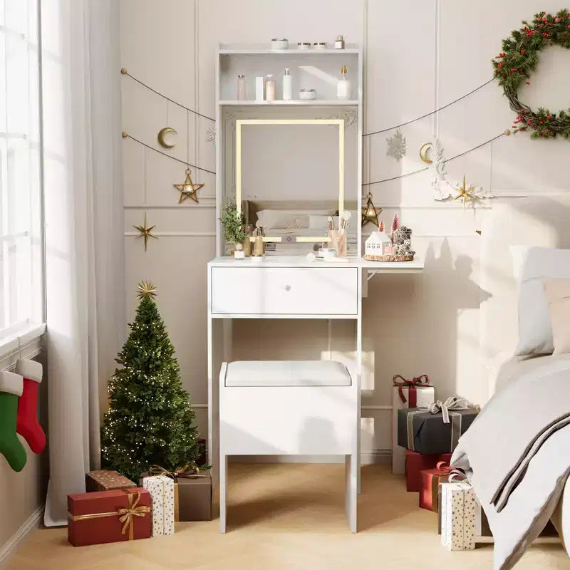 COZONY Toeletta Trucco con Specchio, Tavolo da Trucco con 59 Ripiani, Luci LED, Ciabatta Elettrica, Sgabello, Bianco