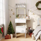 COZONY Toeletta Trucco con Specchio, Tavolo da Trucco con 59 Ripiani, Luci LED, Ciabatta Elettrica, Sgabello, Bianco