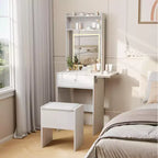 COZONY Toeletta Trucco con Specchio, Tavolo da Trucco con 59 Ripiani, Luci LED, Ciabatta Elettrica, Sgabello, Bianco