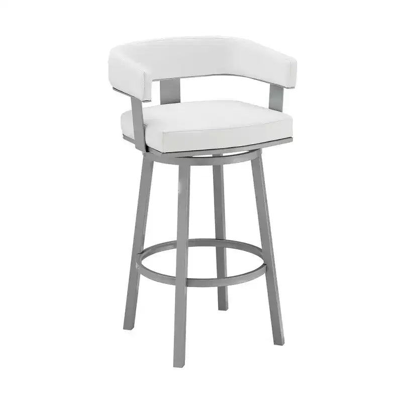 HomeRoots 30 White And Gray Faux Leather And Iron Swivel Low Back Bar Height Bar Chair
