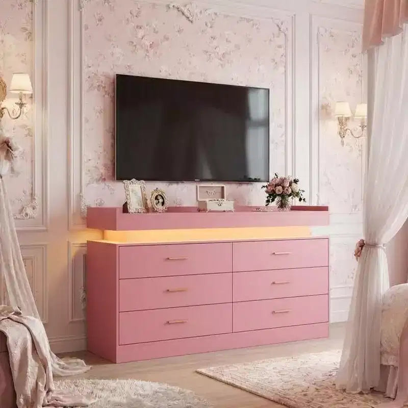 TV Stand Cabinet, Coffee Bar Cabinet Floating Countertop, Modern Sideboard Buffet 6 Drawers for Home, Living Room