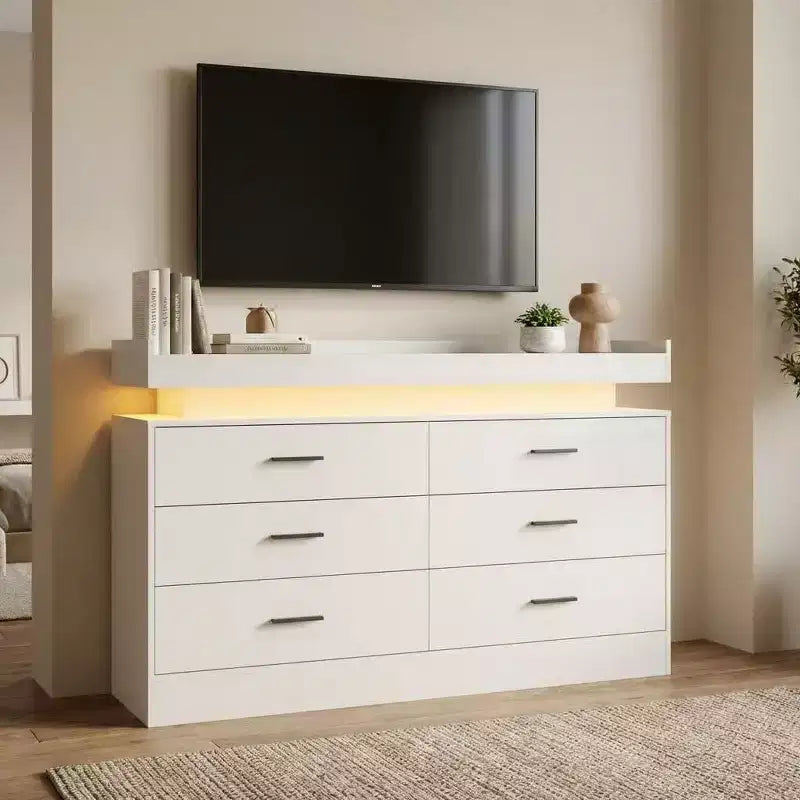 TV Stand Cabinet, Coffee Bar Cabinet Floating Countertop, Modern Sideboard Buffet 6 Drawers for Home, Living Room