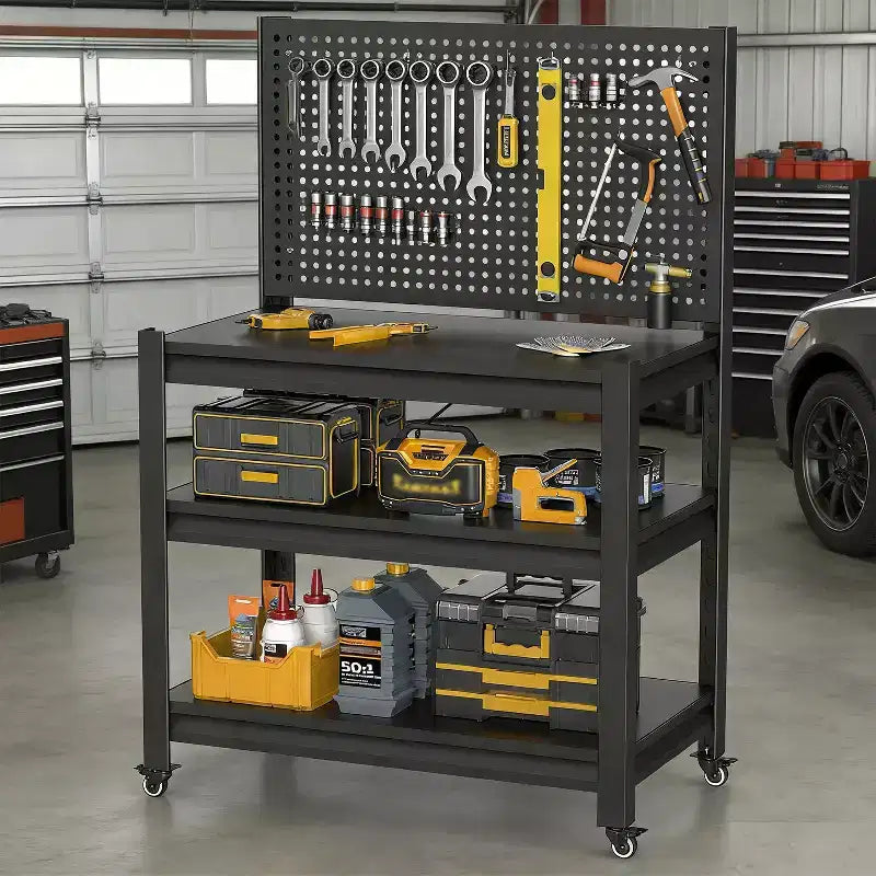 VIYET 18 Heavy-Duty Metal Storage Shelving with Pegboard - 3-Tier Adjustable Garage Rack & Industrial Utility Shelf for Kitchen, Pantry & Garden