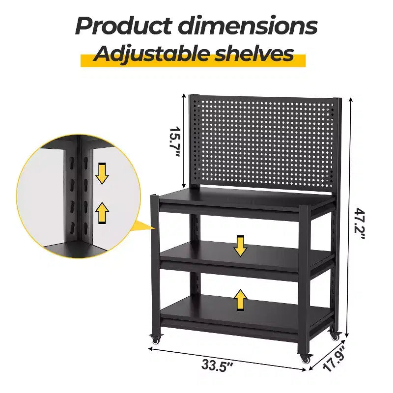 VIYET 18 Heavy-Duty Metal Storage Shelving with Pegboard - 3-Tier Adjustable Garage Rack & Industrial Utility Shelf for Kitchen, Pantry & Garden