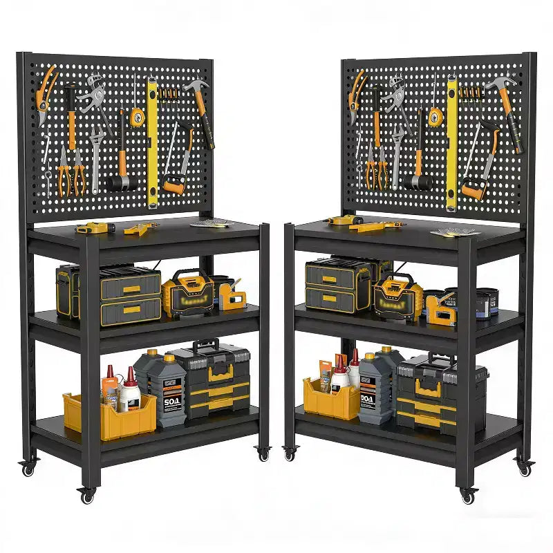VIYET 18 Heavy-Duty Metal Storage Shelving with Pegboard - 3-Tier Adjustable Garage Rack & Industrial Utility Shelf for Kitchen, Pantry & Garden