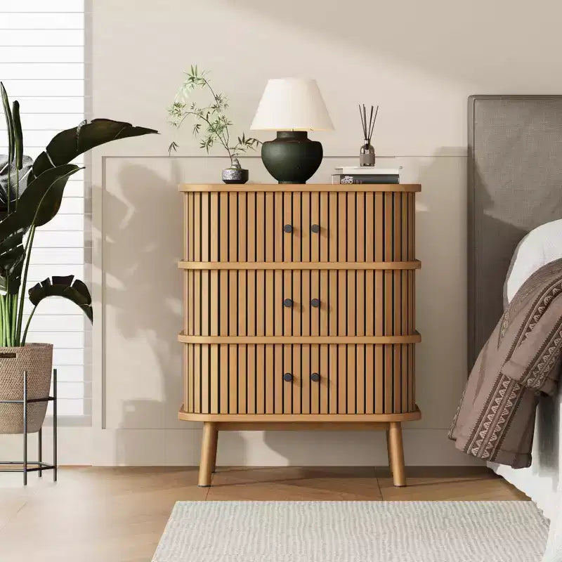 Dresser, Mid-Century Modern 3-Drawer Cabinet with Wicker Sliding Door & Wooden Legs, Oak