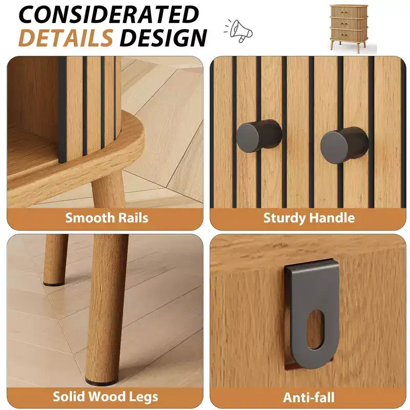 Cassettiera, Mobile a 3 cassetti moderno di metà secolo con anta scorrevole in vimini e gambe in legno, Rovere