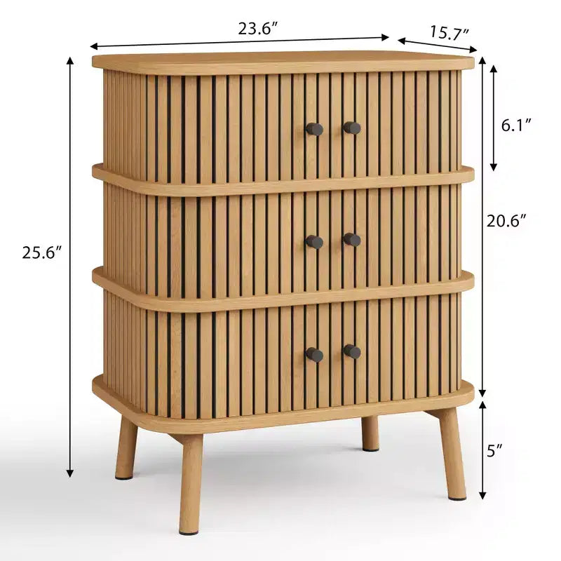 Cassettiera, Mobile a 3 cassetti moderno di metà secolo con anta scorrevole in vimini e gambe in legno, Rovere