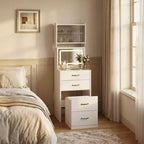 3-in-1 Vanity Desk, Compact Makeup Vanity Set , Dressing Table, Nightstand Vanity Mirror, Jewelry Box, Cushioned Hidden Chair