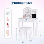 Kids Vanity with Lighted Mirror, Little Girl Vanity and Stool, Toddler Makeup Table Set and Makeup Playset for 3-8 Girls
