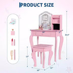 Kids Vanity with Lighted Mirror, Little Girl Vanity and Stool, Toddler Makeup Table Set and Makeup Playset for 3-8 Girls