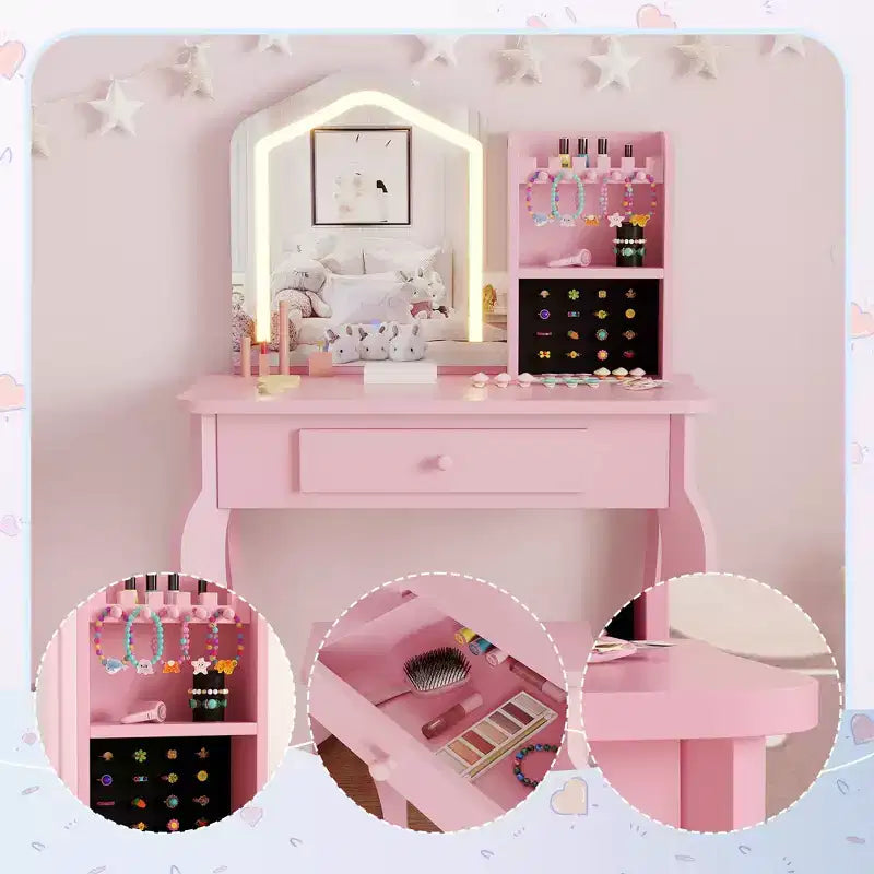 Kids Vanity with Lighted Mirror, Little Girl Vanity and Stool, Toddler Makeup Table Set and Makeup Playset for 3-8 Girls