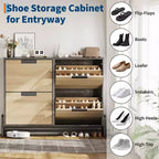 4 Flip Drawer Narrow Shoe Cabinet, Freestanding Entryway Storage with Adjustable Shelves & Metal Legs, Slim Organizer for Hallway & Living Room