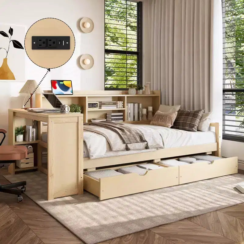 Struttura letto a giorno angolare Whisen a una piazza e mezza con cassetti contenitore, scrivania e libreria