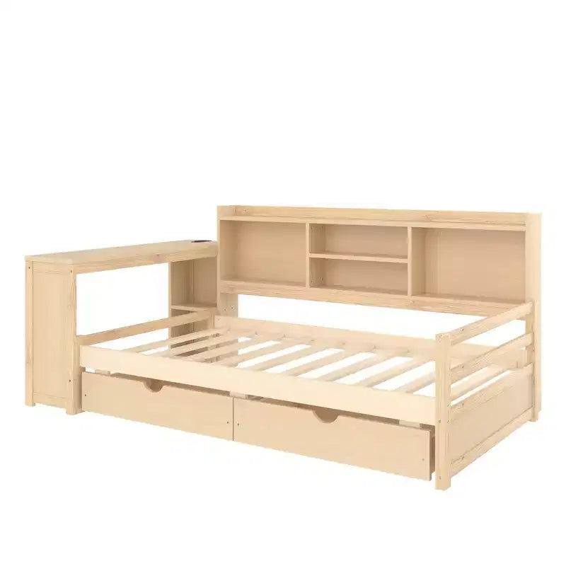 Struttura letto a giorno angolare Whisen a una piazza e mezza con cassetti contenitore, scrivania e libreria