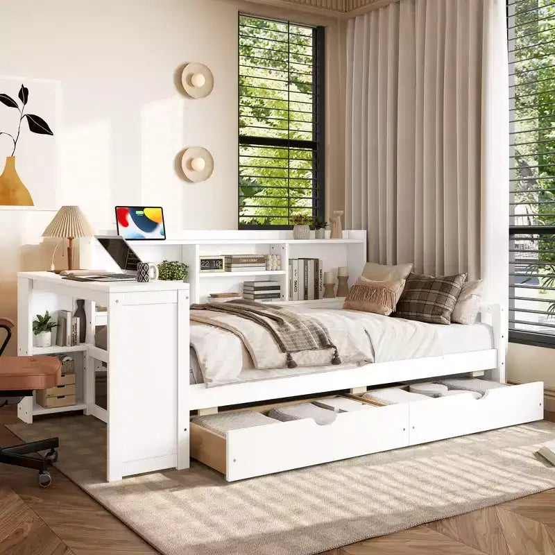 Whisen Twin Size Corner Daybed Frame with Storage Drawers & Desk & Bookcase