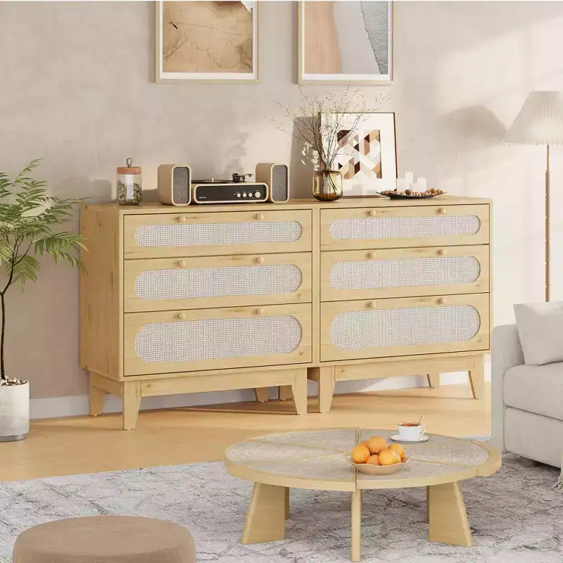 Rattan 3 Different Drawer Dresser 2pcs, Natural Closet Dresser with Wooden, Handles and Wooden Legs, Equipped with Anti-Tip Kits, Natural Oak