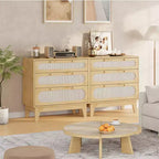 Rattan 3 Different Drawer Dresser 2pcs, Natural Closet Dresser with Wooden, Handles and Wooden Legs, Equipped with Anti-Tip Kits, Natural Oak