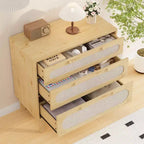 Rattan 3 Different Drawer Dresser 2pcs, Natural Closet Dresser with Wooden, Handles and Wooden Legs, Equipped with Anti-Tip Kits, Natural Oak