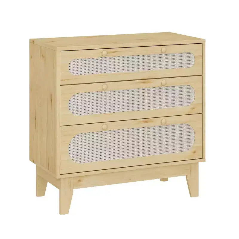 Rattan 3 Different Drawer Dresser 2pcs, Natural Closet Dresser with Wooden, Handles and Wooden Legs, Equipped with Anti-Tip Kits, Natural Oak
