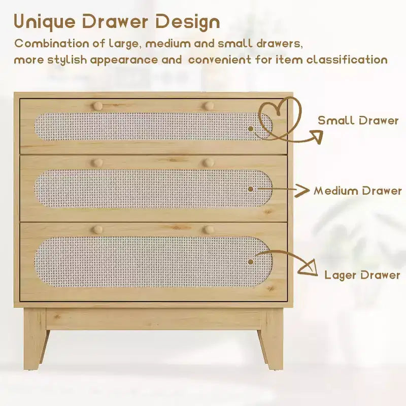 Rattan 3 Different Drawer Dresser 2pcs, Natural Closet Dresser with Wooden, Handles and Wooden Legs, Equipped with Anti-Tip Kits, Natural Oak