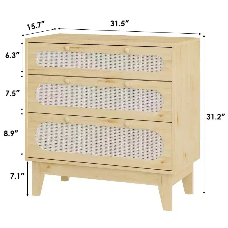Rattan 3 Different Drawer Dresser 2pcs, Natural Closet Dresser with Wooden, Handles and Wooden Legs, Equipped with Anti-Tip Kits, Natural Oak