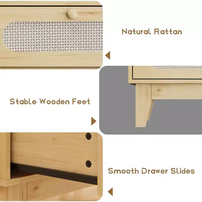 Rattan 3 Different Drawer Dresser 2pcs, Natural Closet Dresser with Wooden, Handles and Wooden Legs, Equipped with Anti-Tip Kits, Natural Oak