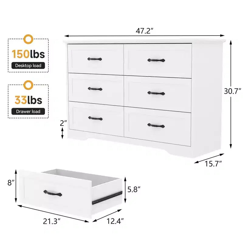 Comò in legno a 6 cassetti con maniglie in metallo, organizer moderno per camera da letto e soggiorno in stile rustico
