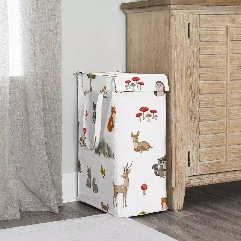 Cesto Portabiancheria Pieghevole per Bambini/e/Unisex/Neutro con Manici di Sweet Jojo Designs, Animali del Bosco ad Acquerello Verde Marrone e Rosso