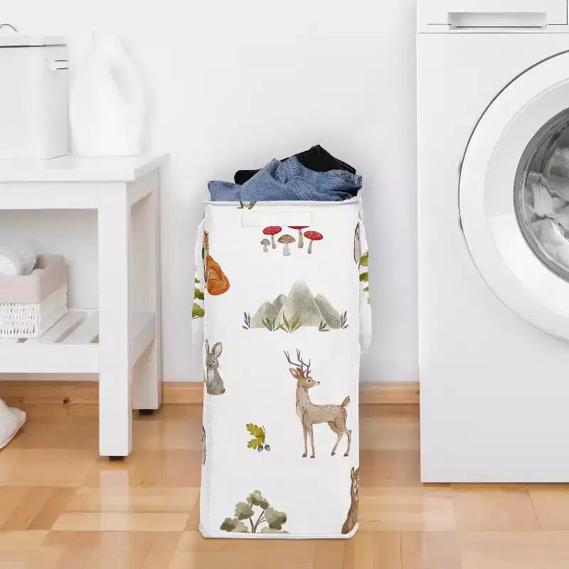 Cesto Portabiancheria Pieghevole per Bambini/e/Unisex/Neutro con Manici di Sweet Jojo Designs, Animali del Bosco ad Acquerello Verde Marrone e Rosso
