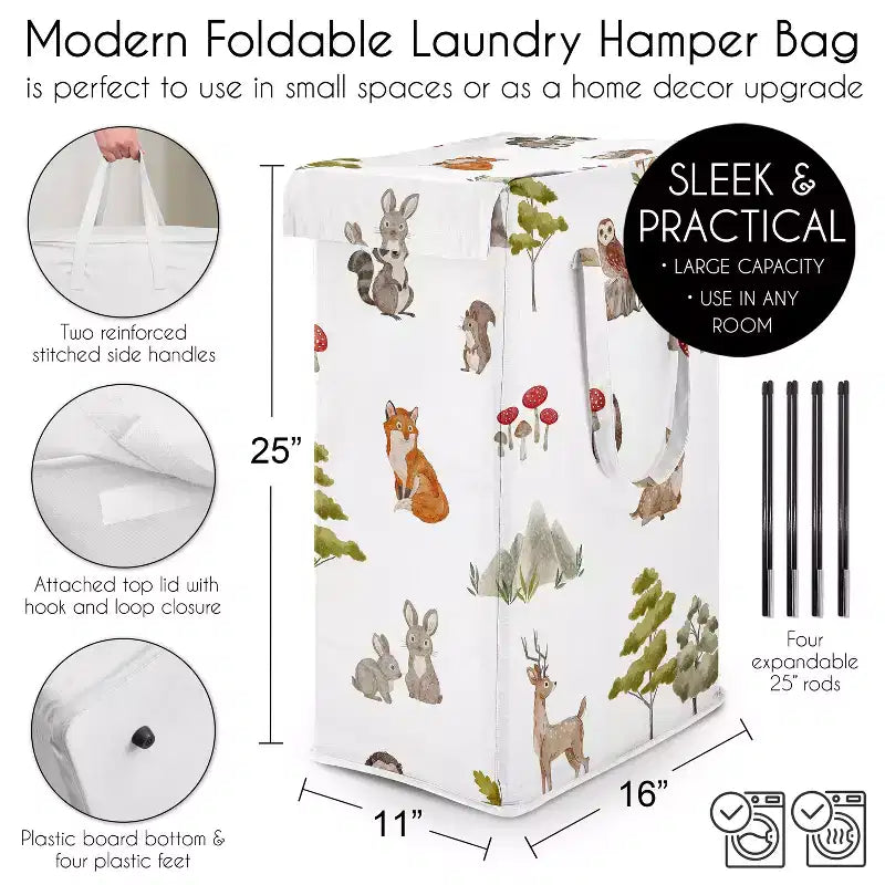 Cesto Portabiancheria Pieghevole per Bambini/e/Unisex/Neutro con Manici di Sweet Jojo Designs, Animali del Bosco ad Acquerello Verde Marrone e Rosso