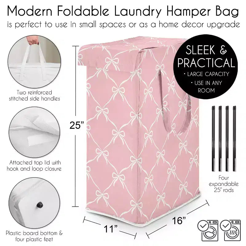 Sweet Jojo Designs Girl Foldable Laundry Hamper with Handles Ballerina and Ballet Bows Pink and White
